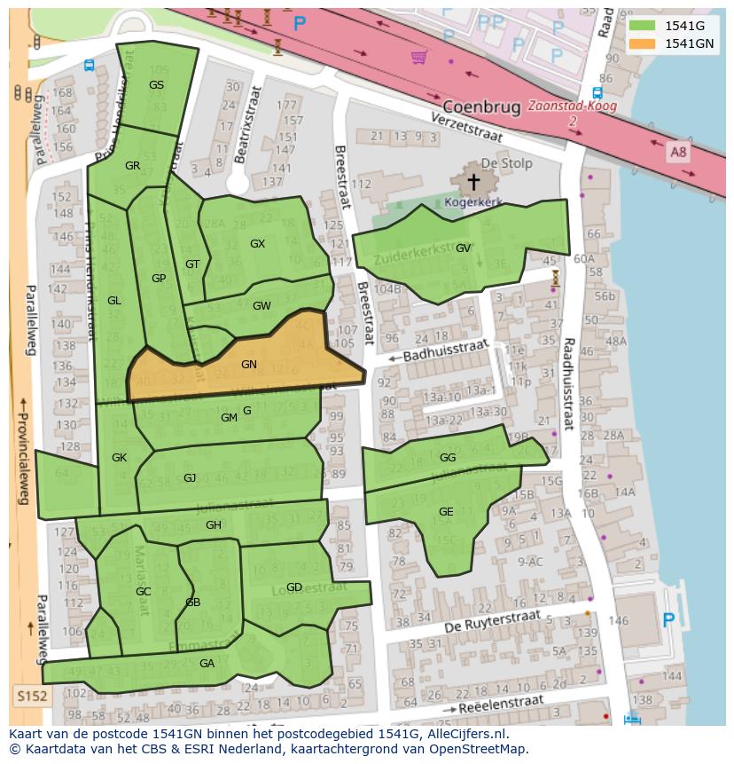 Afbeelding van het postcodegebied 1541 GN op de kaart.
