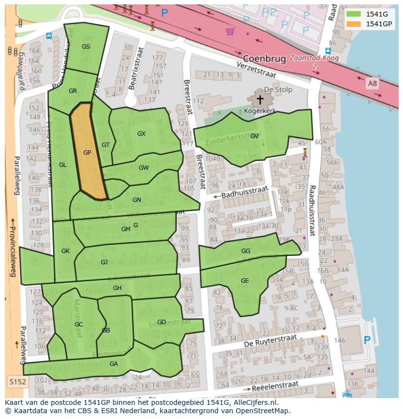 Afbeelding van het postcodegebied 1541 GP op de kaart.