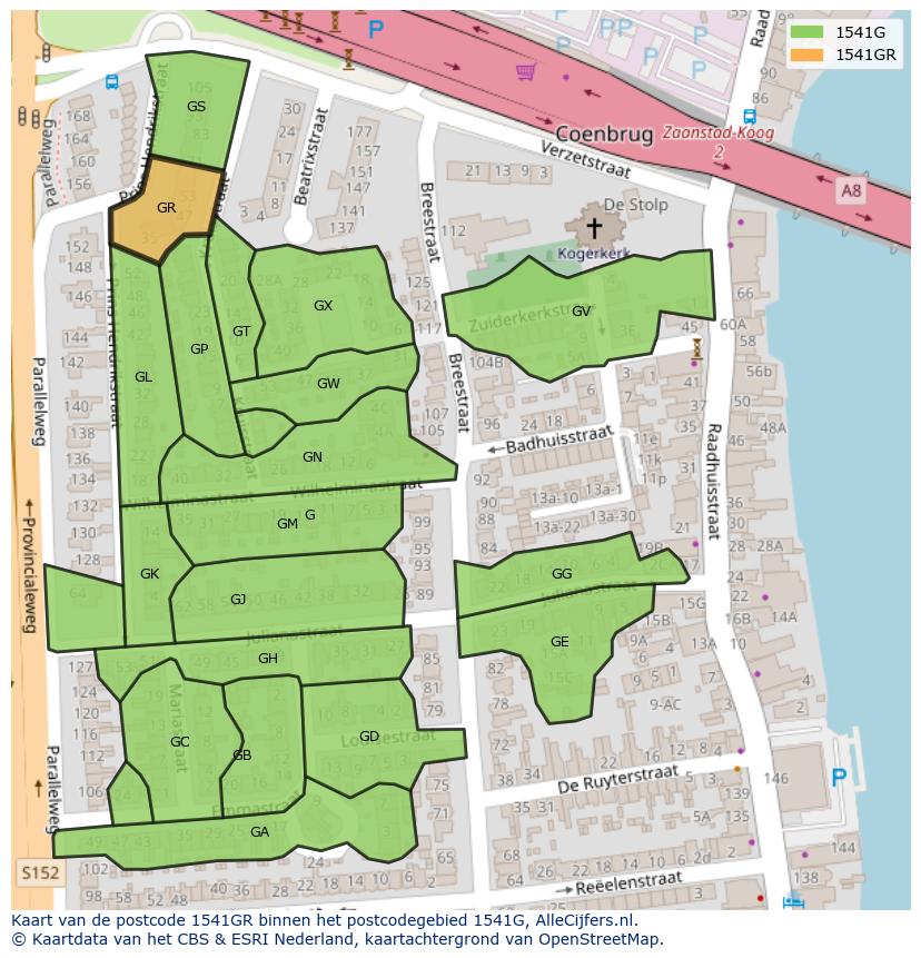 Afbeelding van het postcodegebied 1541 GR op de kaart.