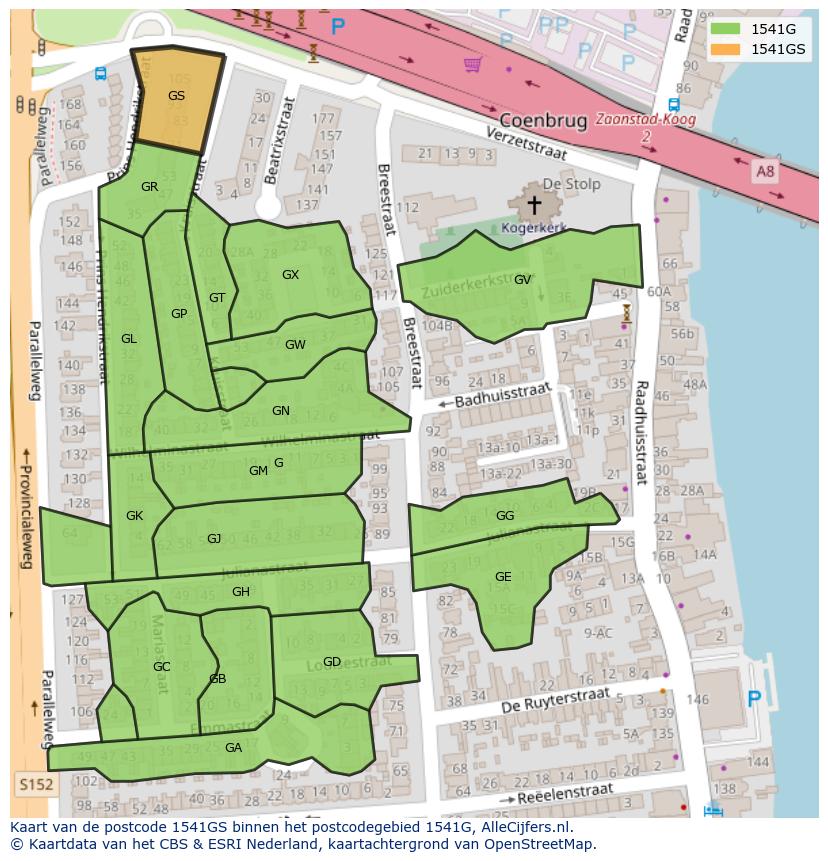 Afbeelding van het postcodegebied 1541 GS op de kaart.