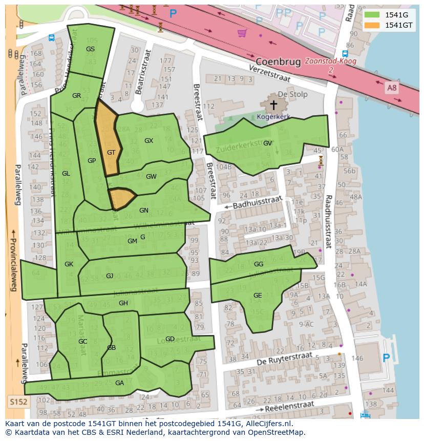 Afbeelding van het postcodegebied 1541 GT op de kaart.