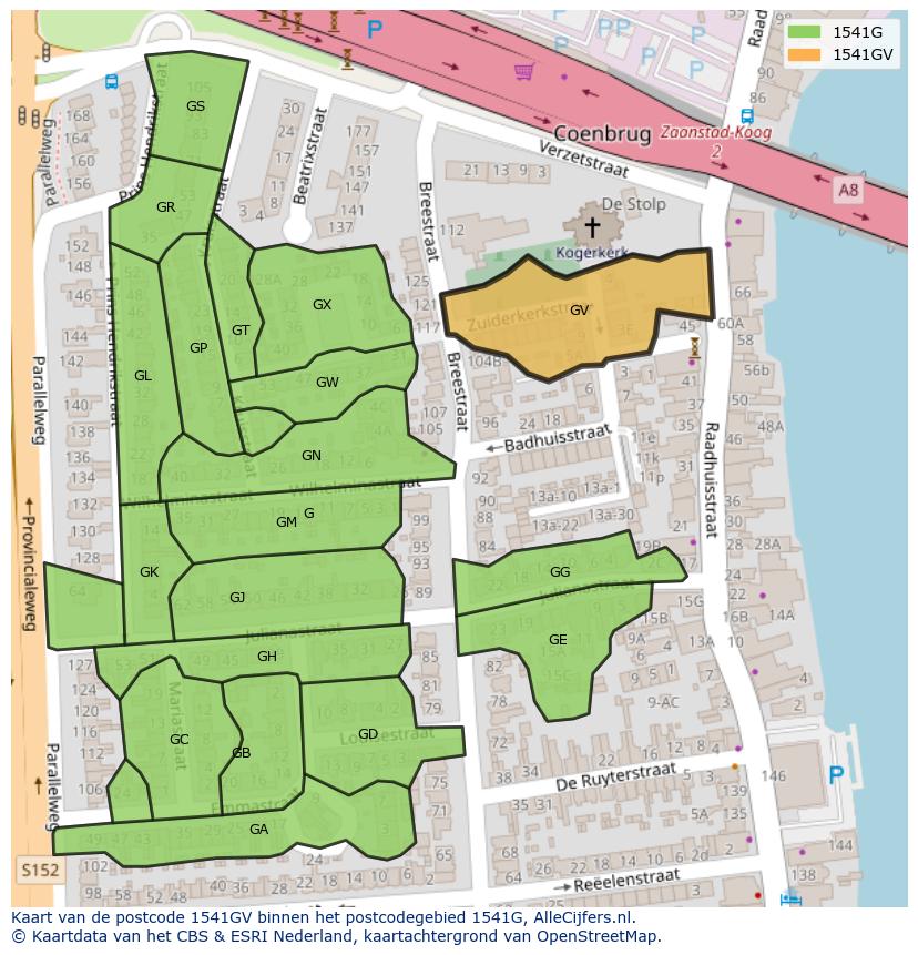 Afbeelding van het postcodegebied 1541 GV op de kaart.