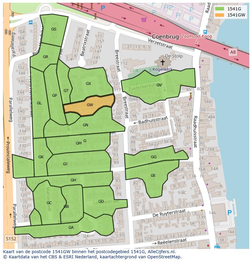 Afbeelding van het postcodegebied 1541 GW op de kaart.