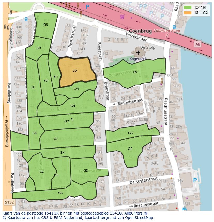 Afbeelding van het postcodegebied 1541 GX op de kaart.