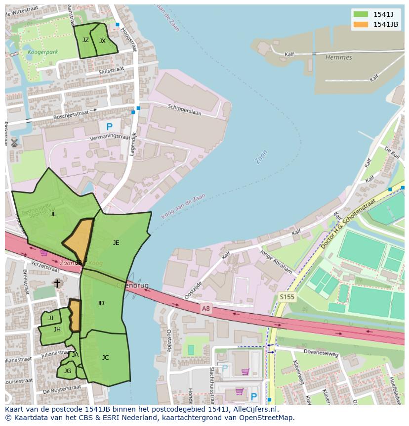 Afbeelding van het postcodegebied 1541 JB op de kaart.
