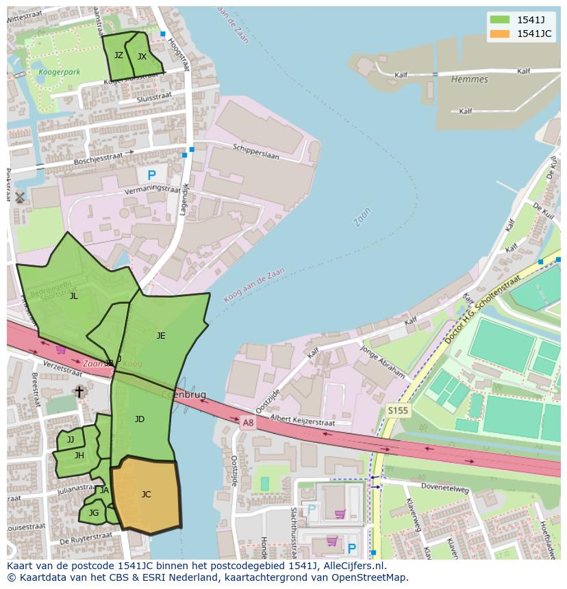 Afbeelding van het postcodegebied 1541 JC op de kaart.