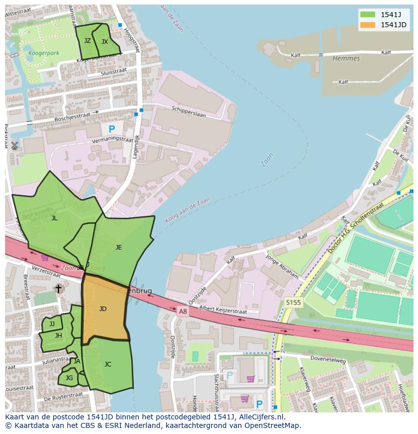 Afbeelding van het postcodegebied 1541 JD op de kaart.