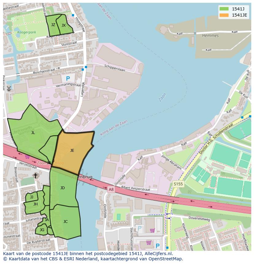 Afbeelding van het postcodegebied 1541 JE op de kaart.
