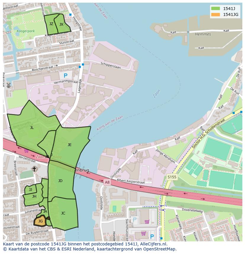 Afbeelding van het postcodegebied 1541 JG op de kaart.