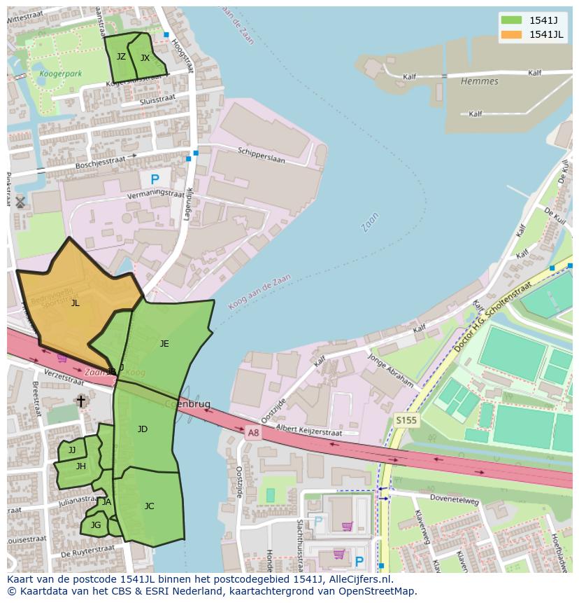 Afbeelding van het postcodegebied 1541 JL op de kaart.