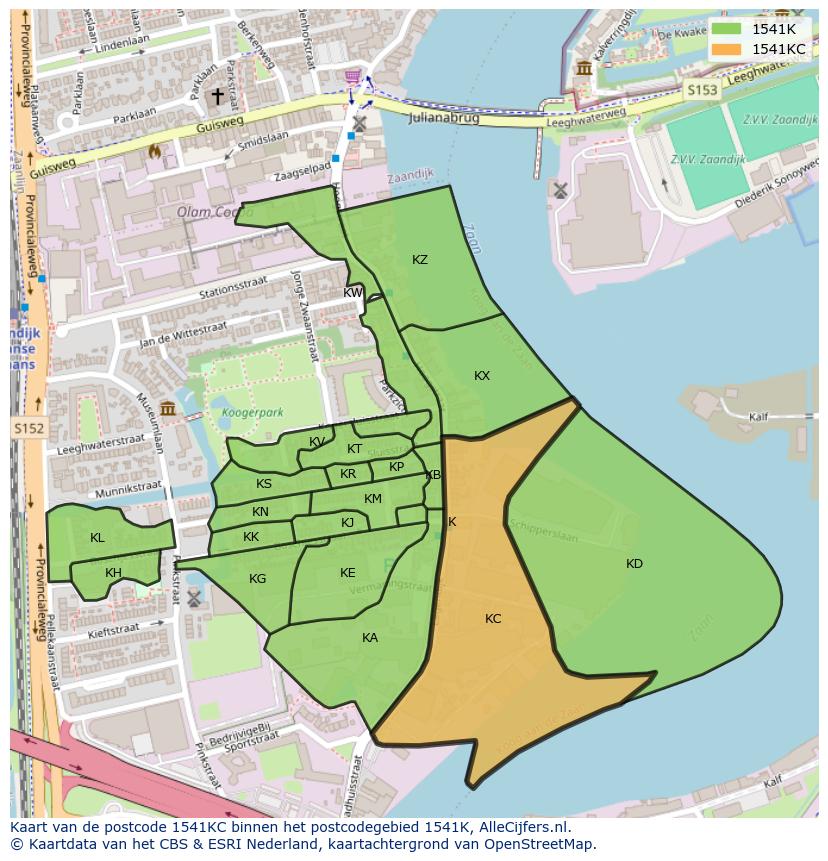 Afbeelding van het postcodegebied 1541 KC op de kaart.