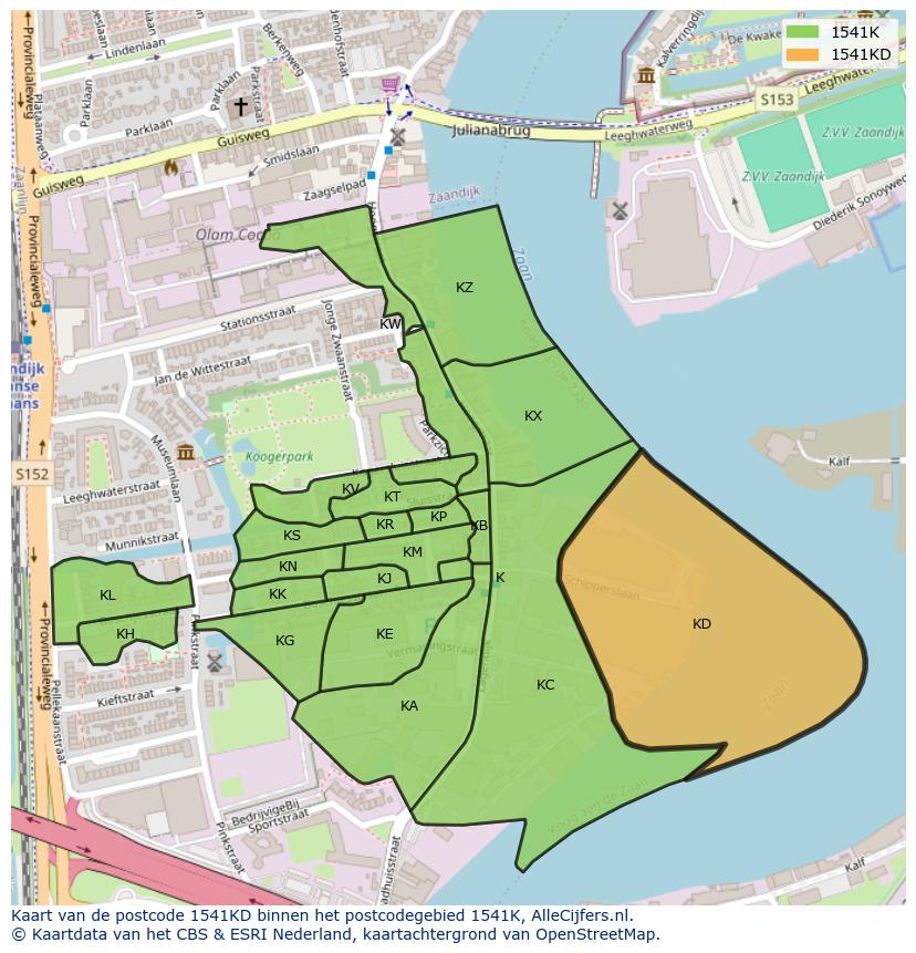 Afbeelding van het postcodegebied 1541 KD op de kaart.