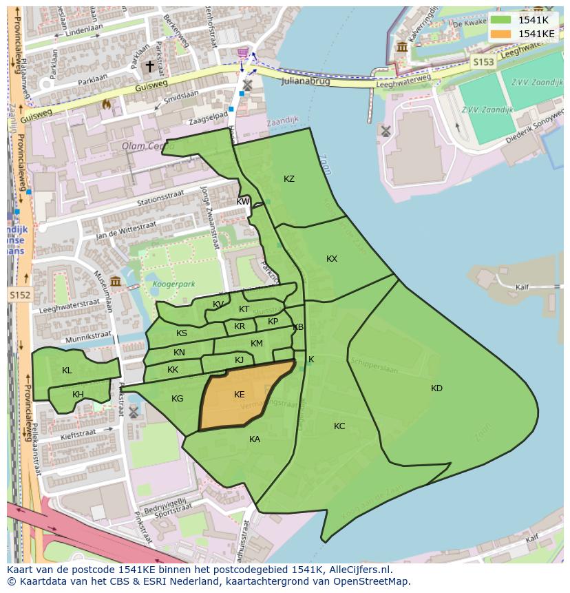 Afbeelding van het postcodegebied 1541 KE op de kaart.
