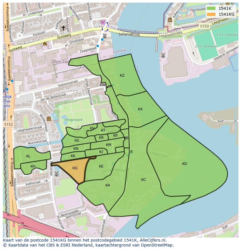 Afbeelding van het postcodegebied 1541 KG op de kaart.