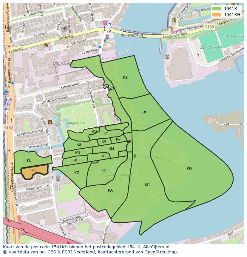 Afbeelding van het postcodegebied 1541 KH op de kaart.