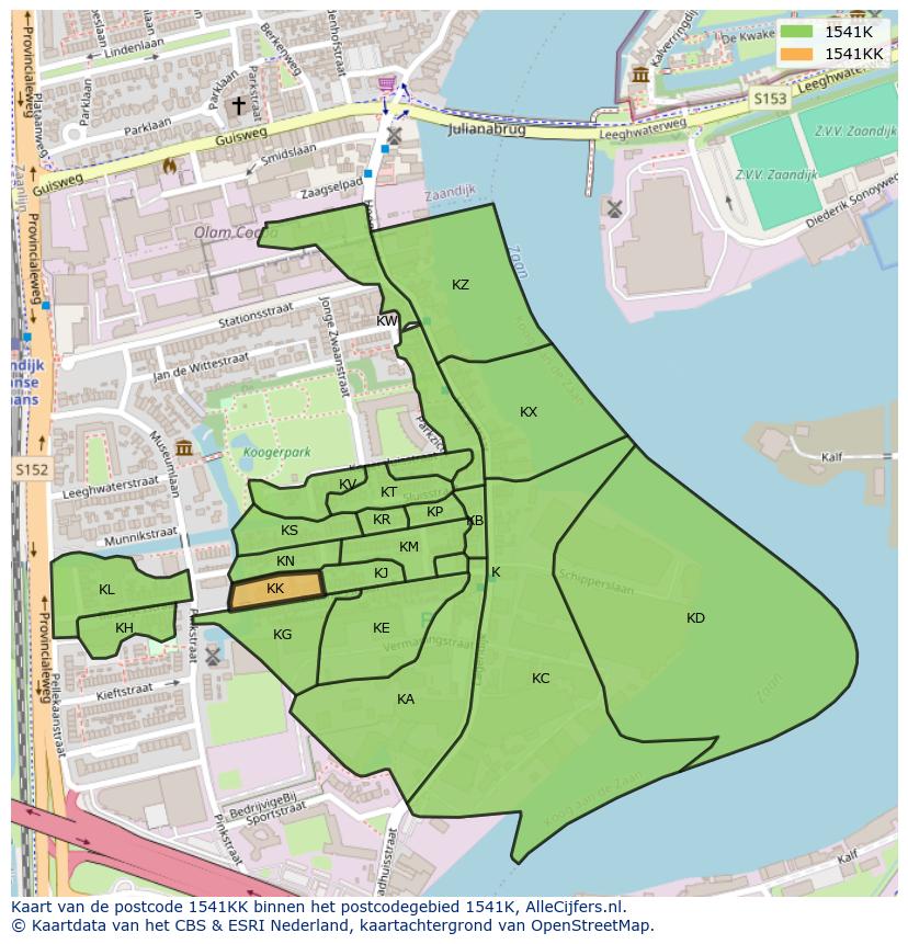 Afbeelding van het postcodegebied 1541 KK op de kaart.
