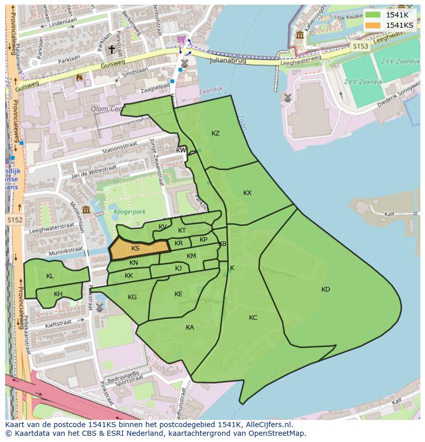 Afbeelding van het postcodegebied 1541 KS op de kaart.
