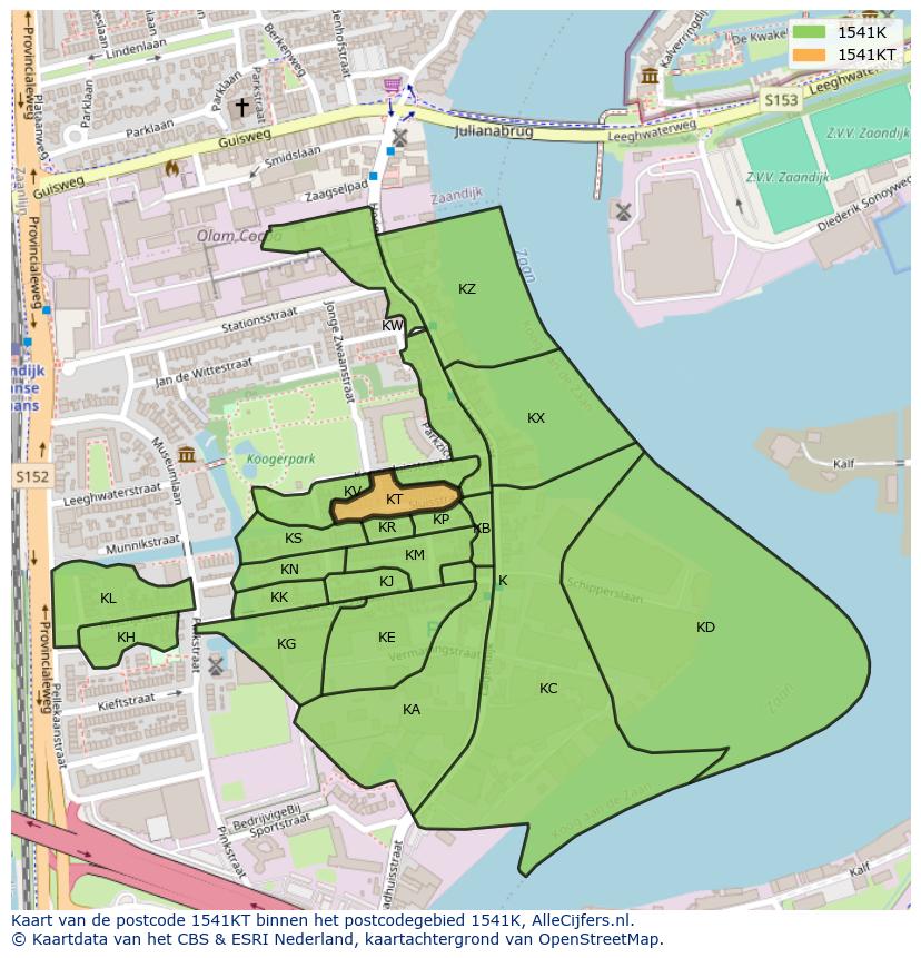 Afbeelding van het postcodegebied 1541 KT op de kaart.