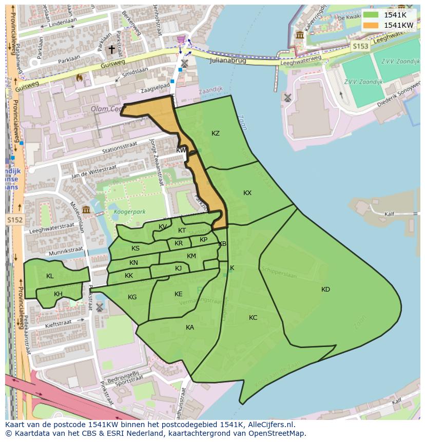 Afbeelding van het postcodegebied 1541 KW op de kaart.