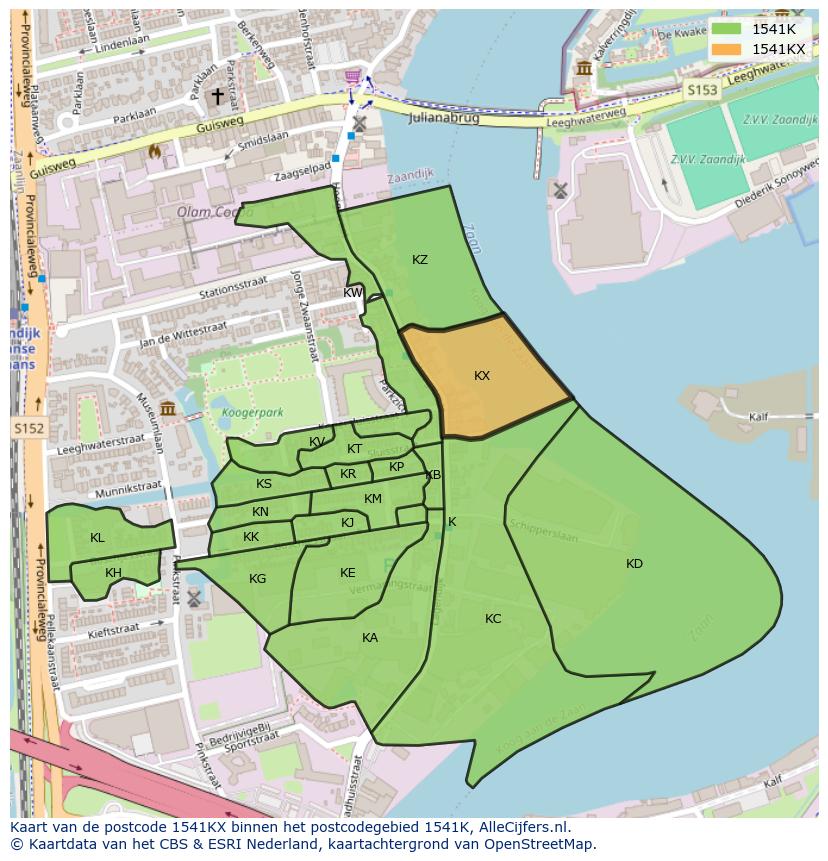 Afbeelding van het postcodegebied 1541 KX op de kaart.
