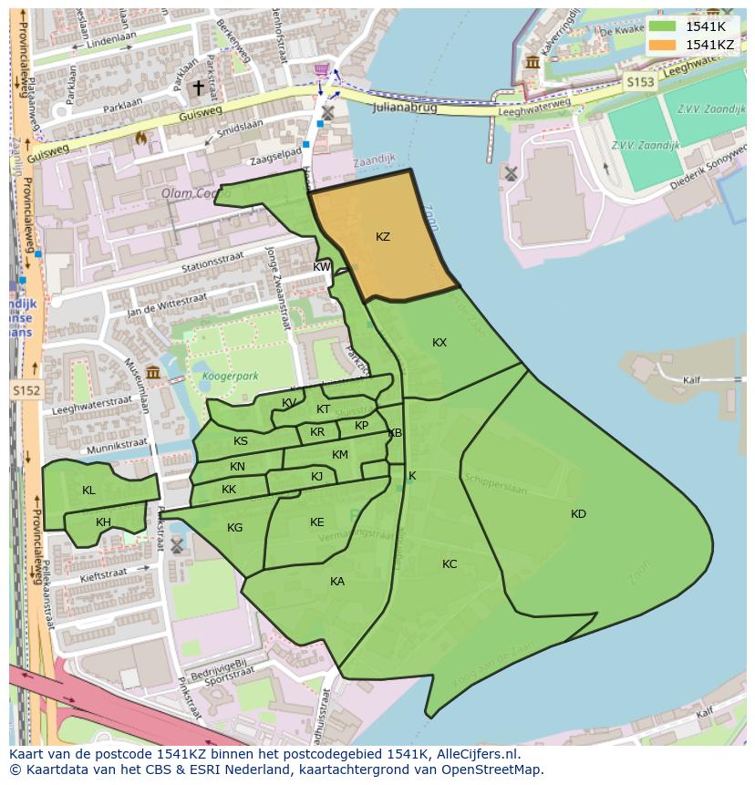 Afbeelding van het postcodegebied 1541 KZ op de kaart.