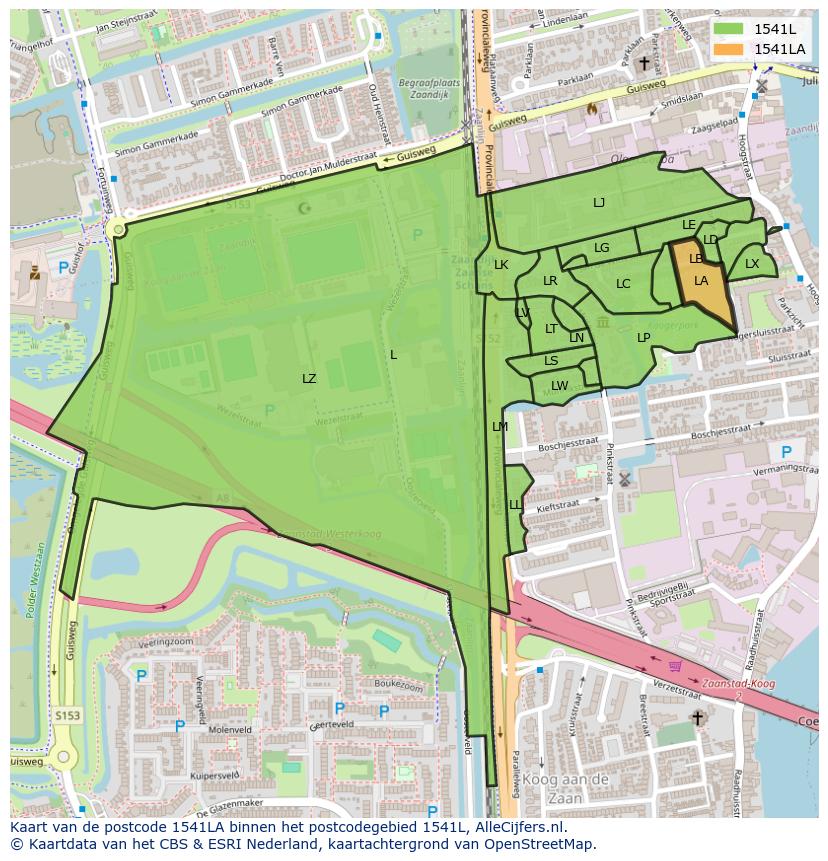 Afbeelding van het postcodegebied 1541 LA op de kaart.