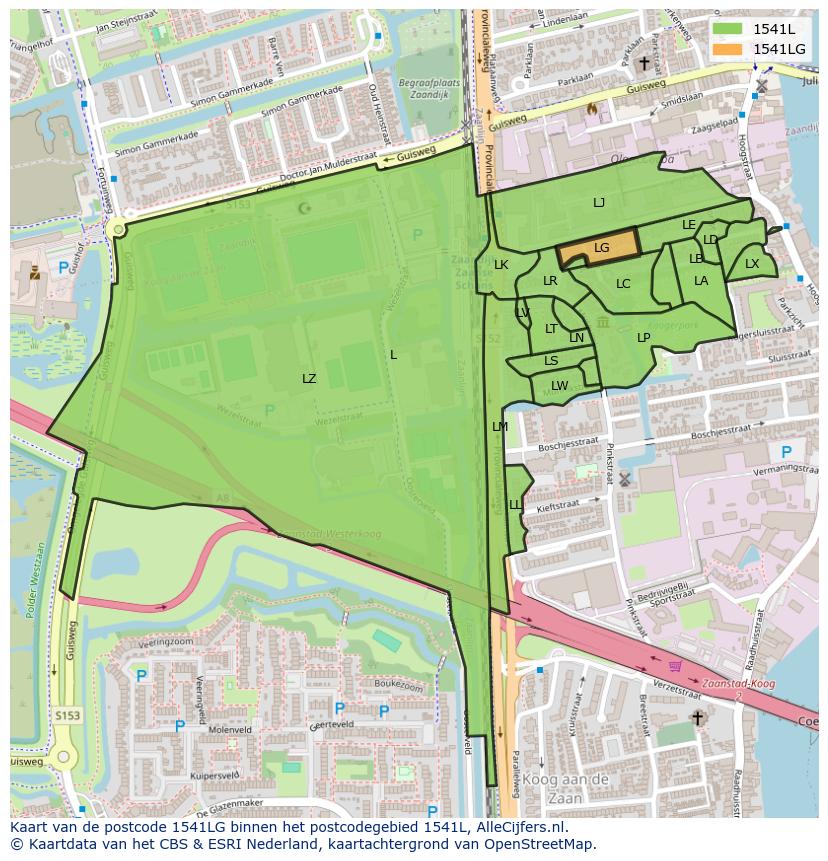 Afbeelding van het postcodegebied 1541 LG op de kaart.