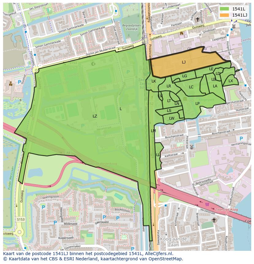 Afbeelding van het postcodegebied 1541 LJ op de kaart.