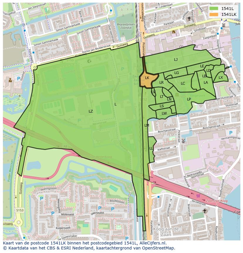Afbeelding van het postcodegebied 1541 LK op de kaart.