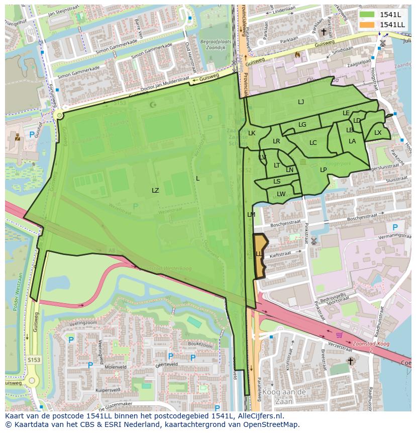 Afbeelding van het postcodegebied 1541 LL op de kaart.
