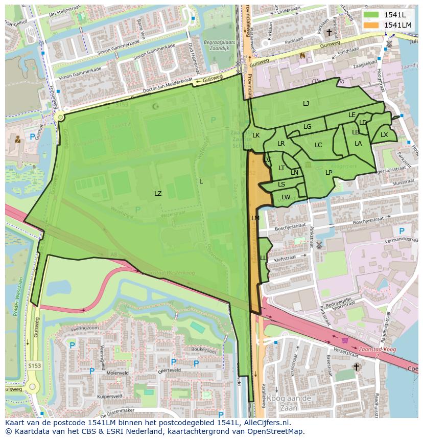 Afbeelding van het postcodegebied 1541 LM op de kaart.