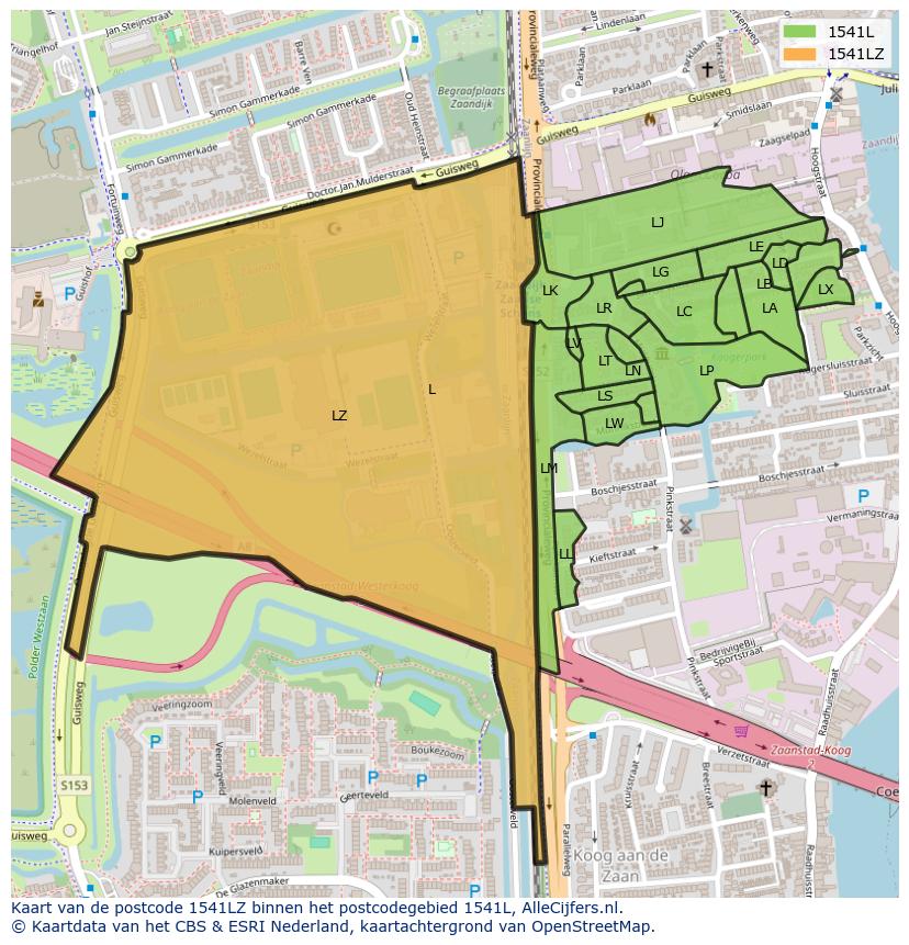 Afbeelding van het postcodegebied 1541 LZ op de kaart.