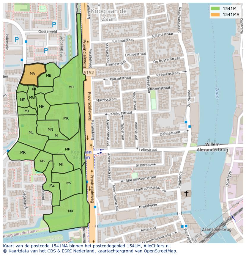 Afbeelding van het postcodegebied 1541 MA op de kaart.