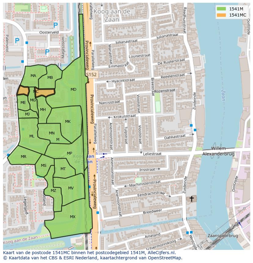 Afbeelding van het postcodegebied 1541 MC op de kaart.