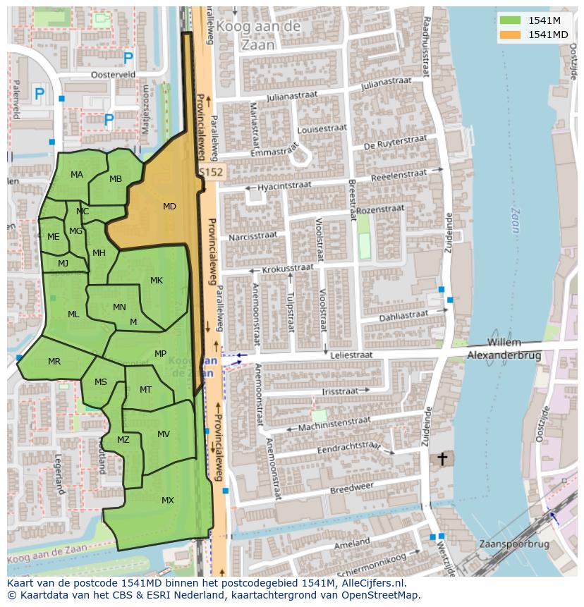 Afbeelding van het postcodegebied 1541 MD op de kaart.