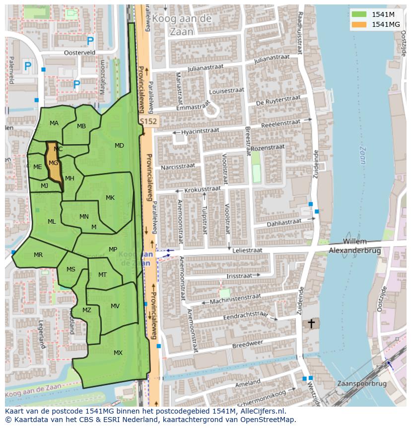 Afbeelding van het postcodegebied 1541 MG op de kaart.