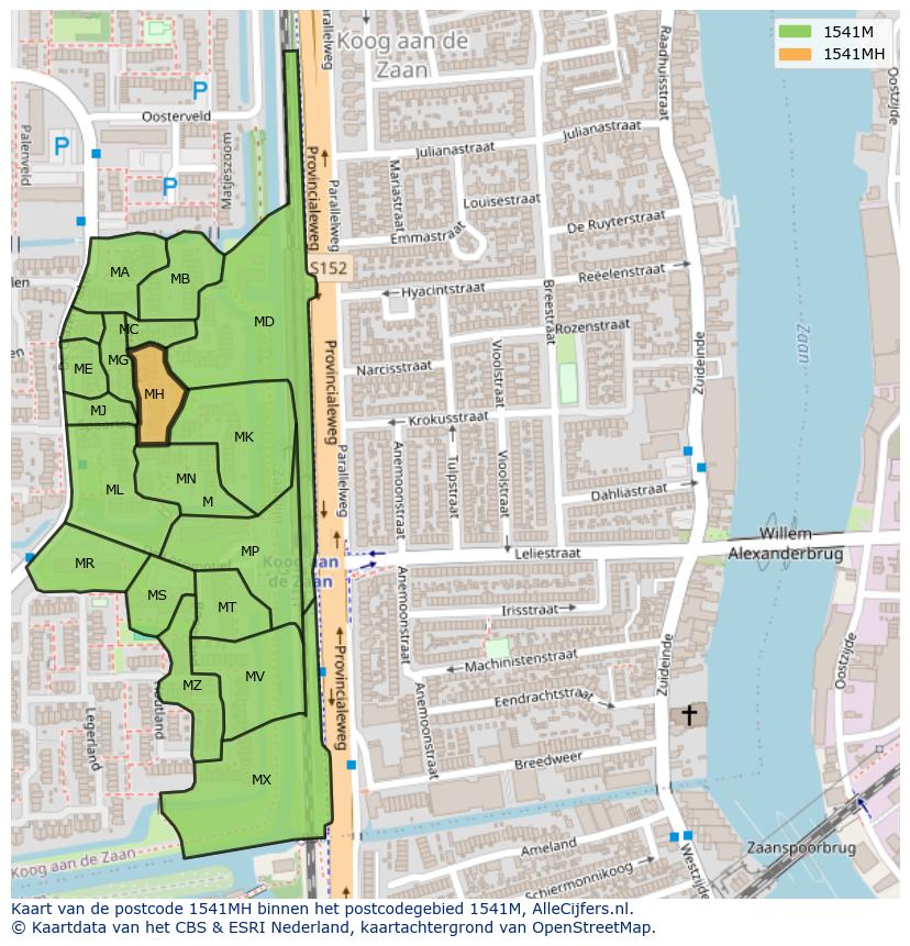 Afbeelding van het postcodegebied 1541 MH op de kaart.