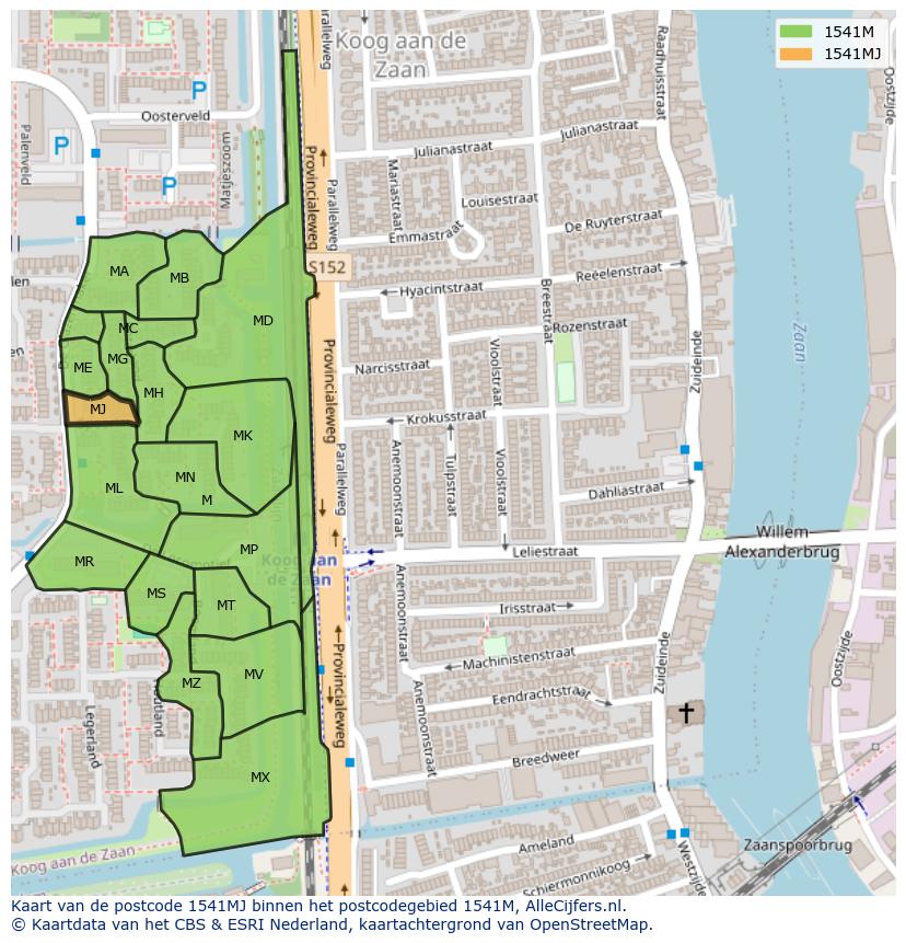 Afbeelding van het postcodegebied 1541 MJ op de kaart.