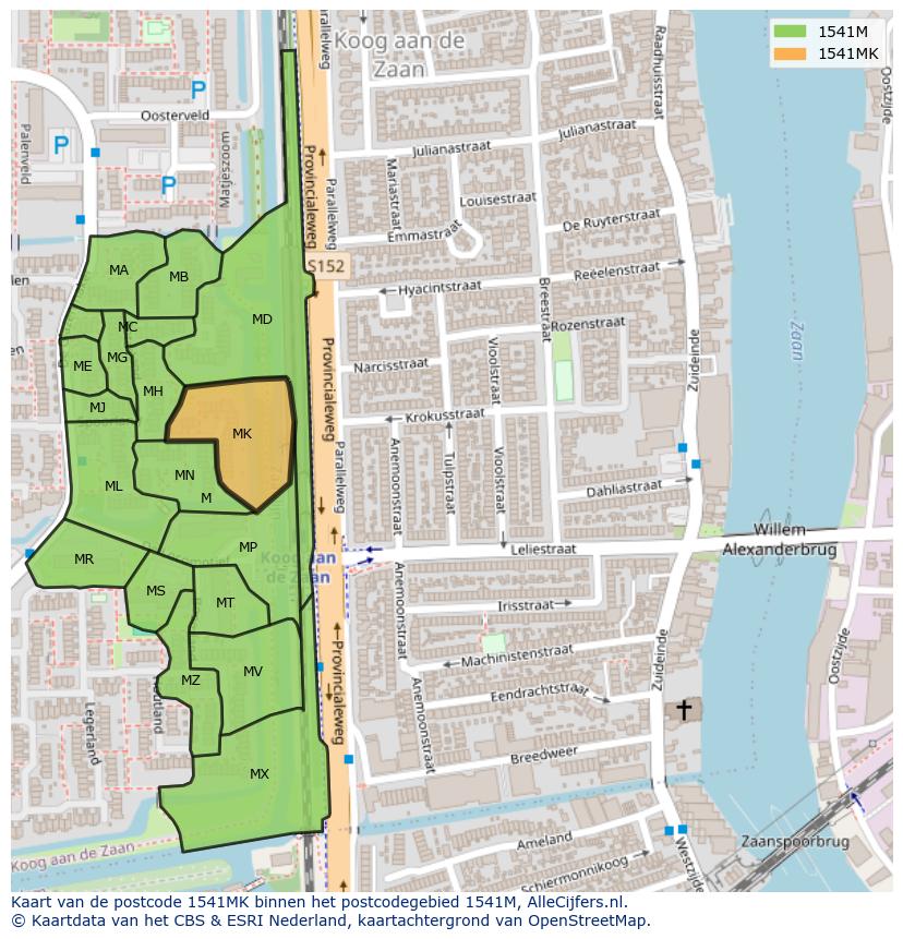 Afbeelding van het postcodegebied 1541 MK op de kaart.