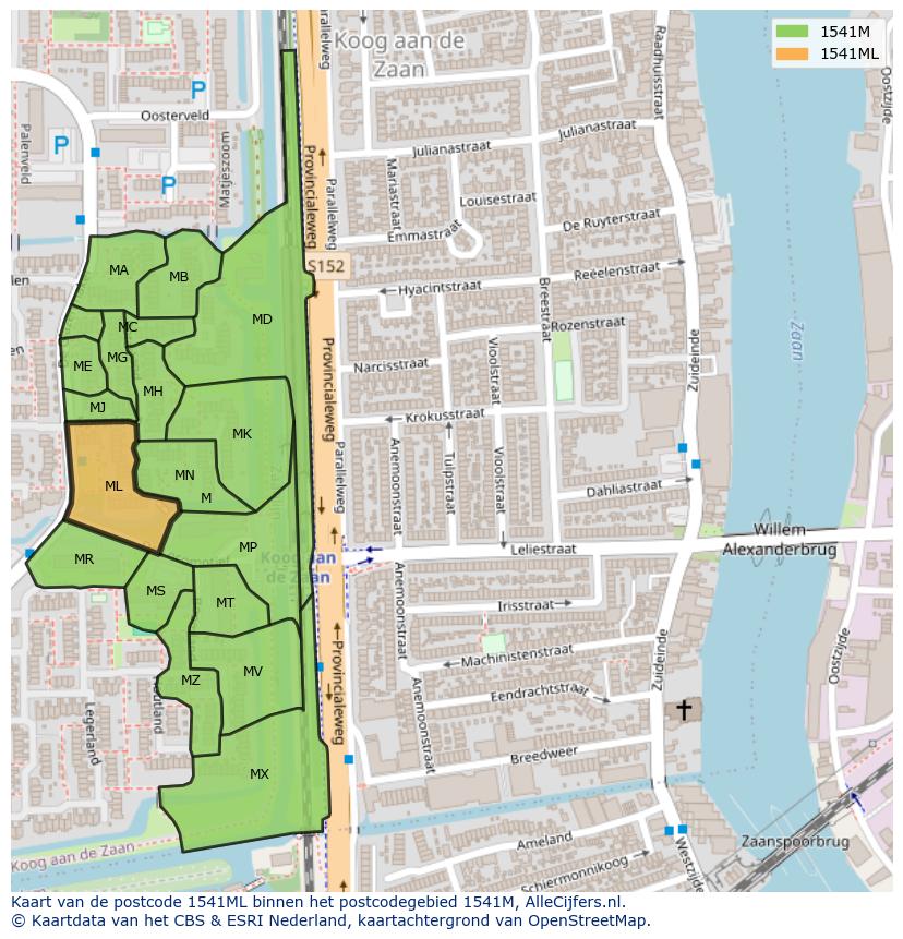 Afbeelding van het postcodegebied 1541 ML op de kaart.