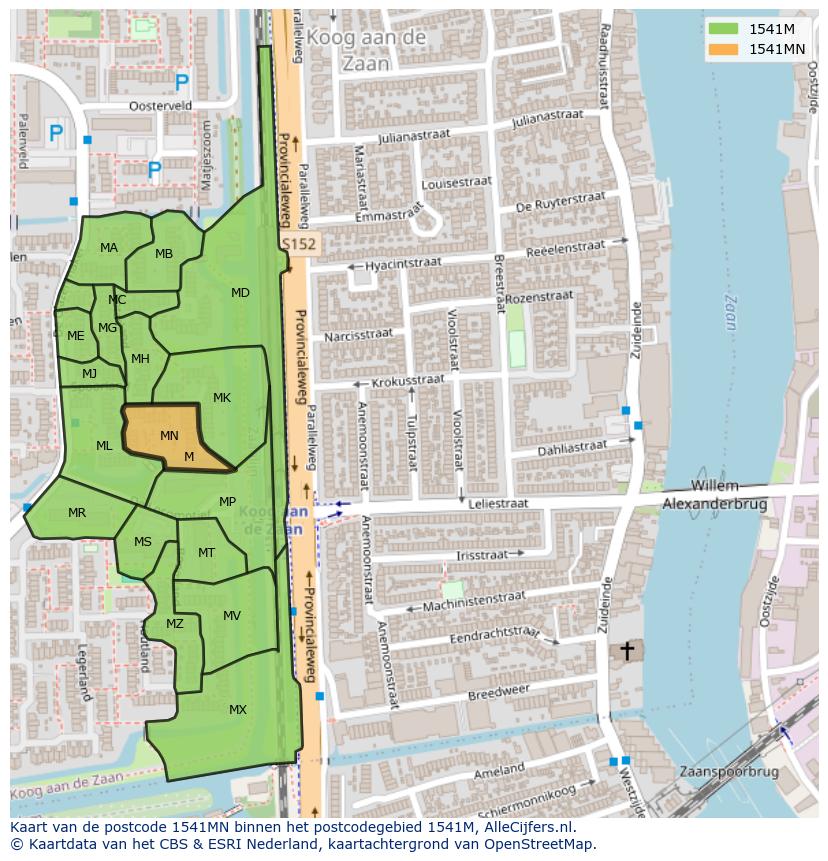 Afbeelding van het postcodegebied 1541 MN op de kaart.