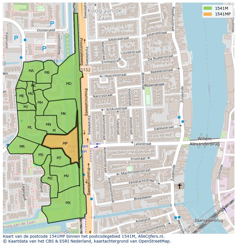 Afbeelding van het postcodegebied 1541 MP op de kaart.