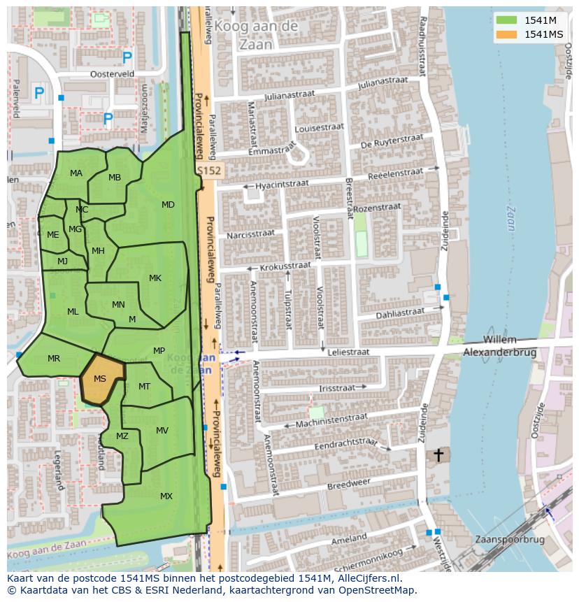 Afbeelding van het postcodegebied 1541 MS op de kaart.