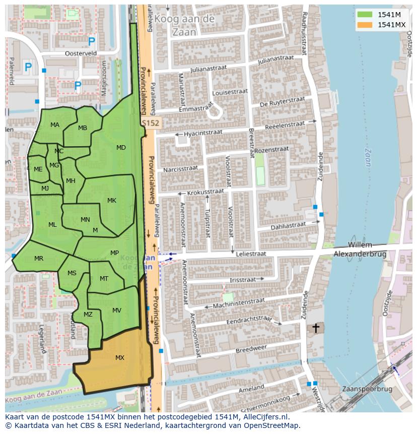 Afbeelding van het postcodegebied 1541 MX op de kaart.