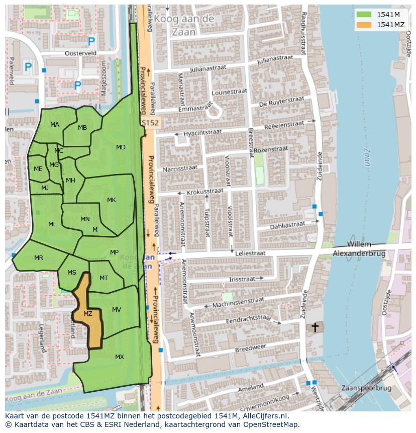 Afbeelding van het postcodegebied 1541 MZ op de kaart.