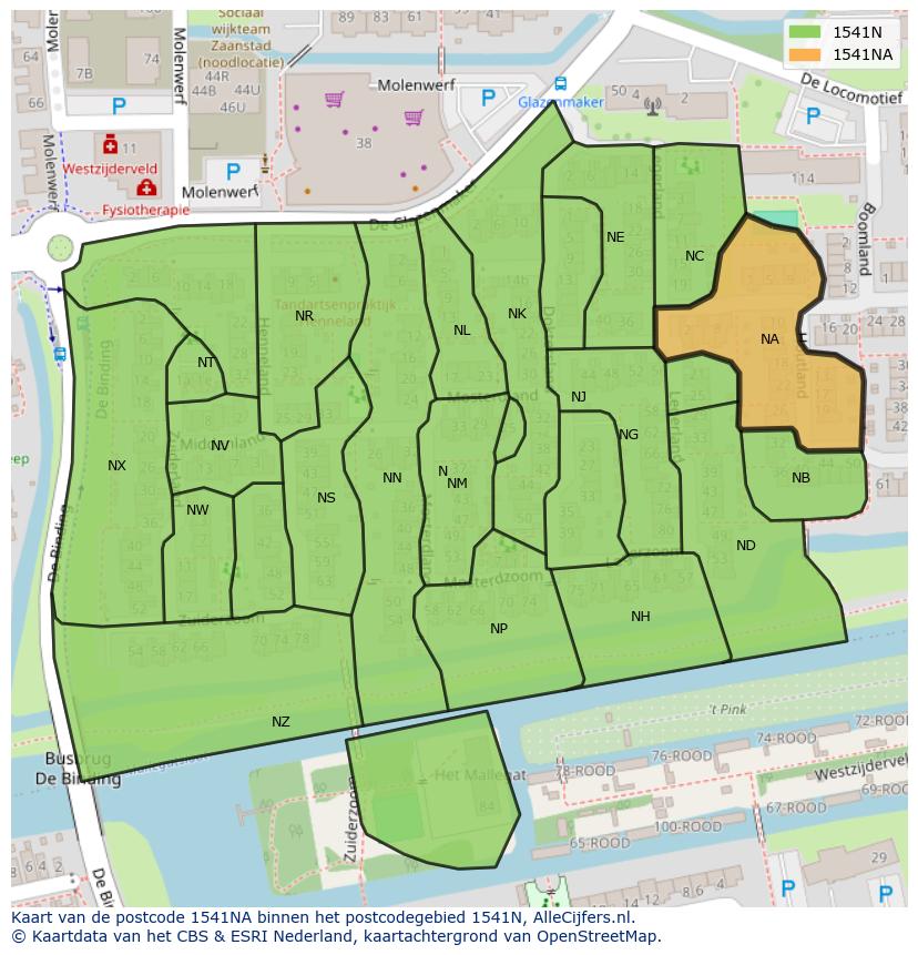 Afbeelding van het postcodegebied 1541 NA op de kaart.
