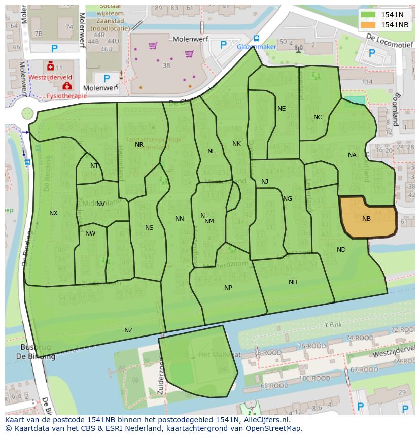 Afbeelding van het postcodegebied 1541 NB op de kaart.