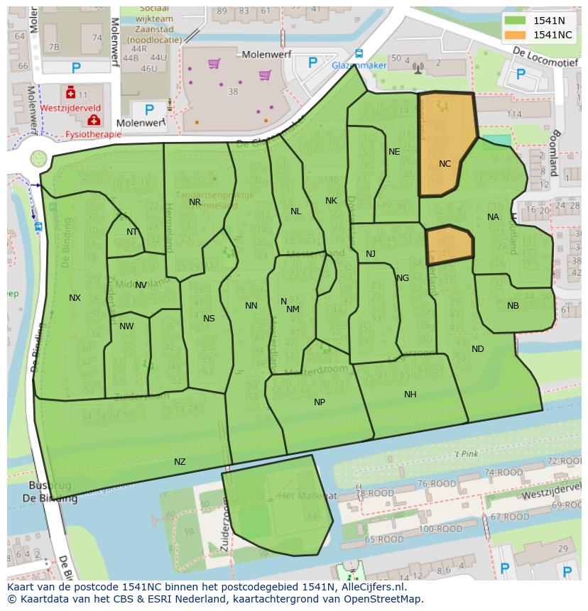 Afbeelding van het postcodegebied 1541 NC op de kaart.