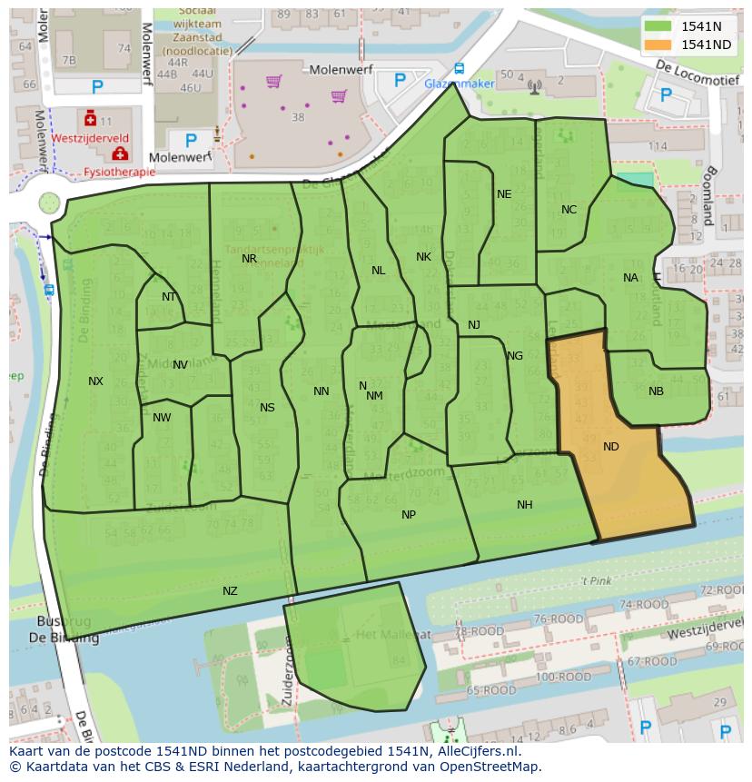 Afbeelding van het postcodegebied 1541 ND op de kaart.