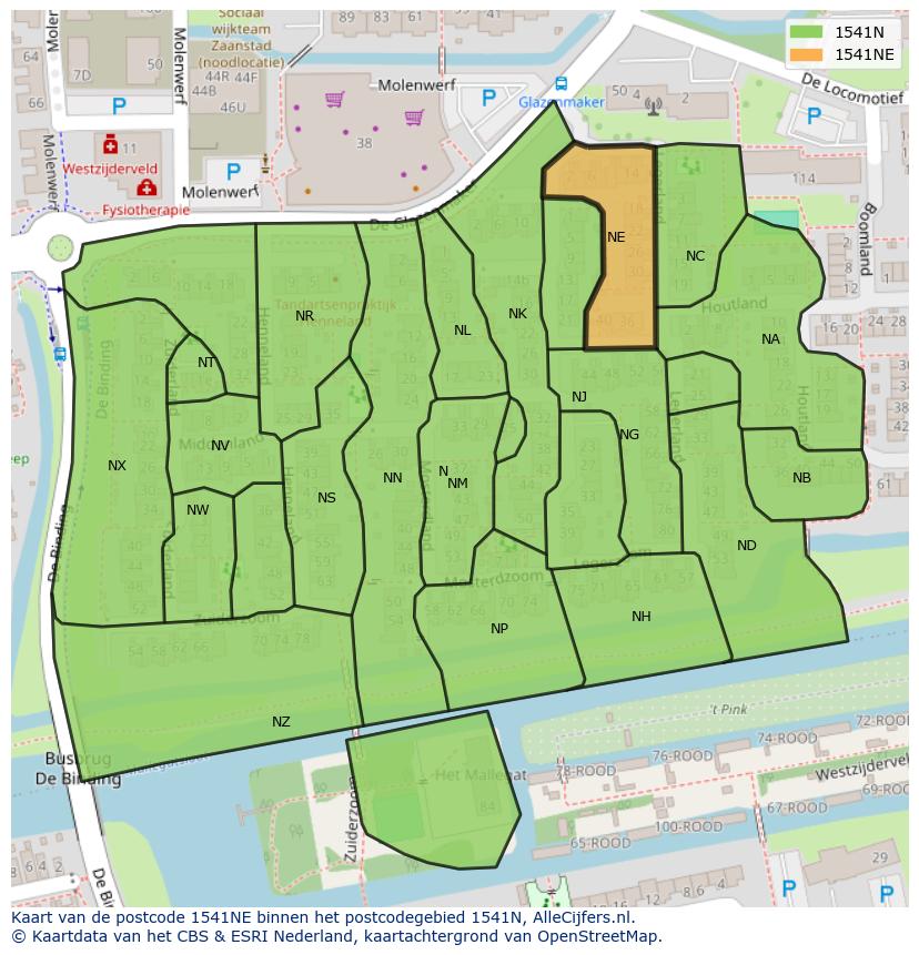 Afbeelding van het postcodegebied 1541 NE op de kaart.